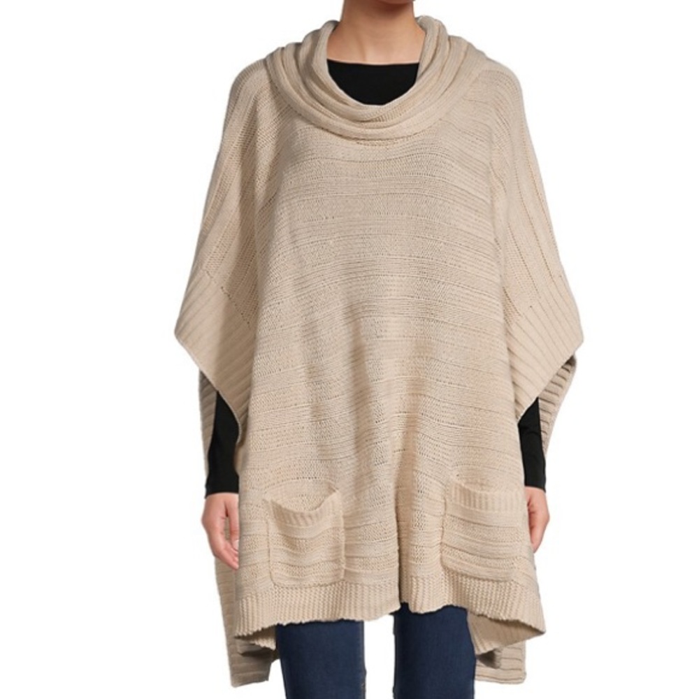 MAX SPORT CABLE KNIT COWL NECK  PONCHO POCKETS M